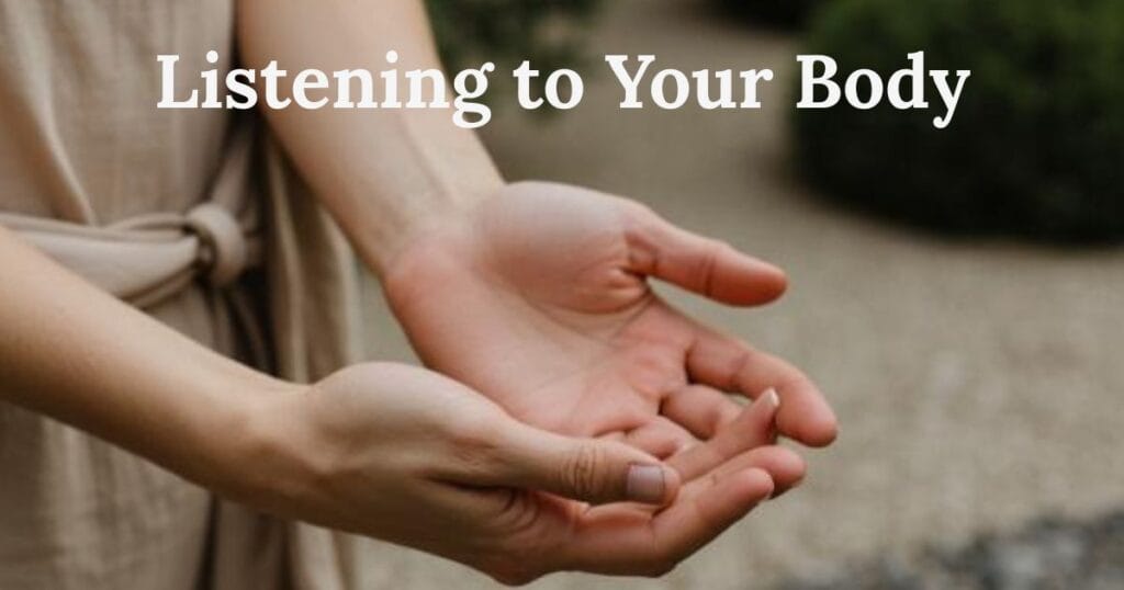 Open hands resting calmly, symbolizing listening to your body and gentle self-care
