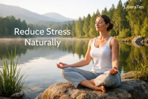 Woman meditating by a lake to calm the body from stress naturally
