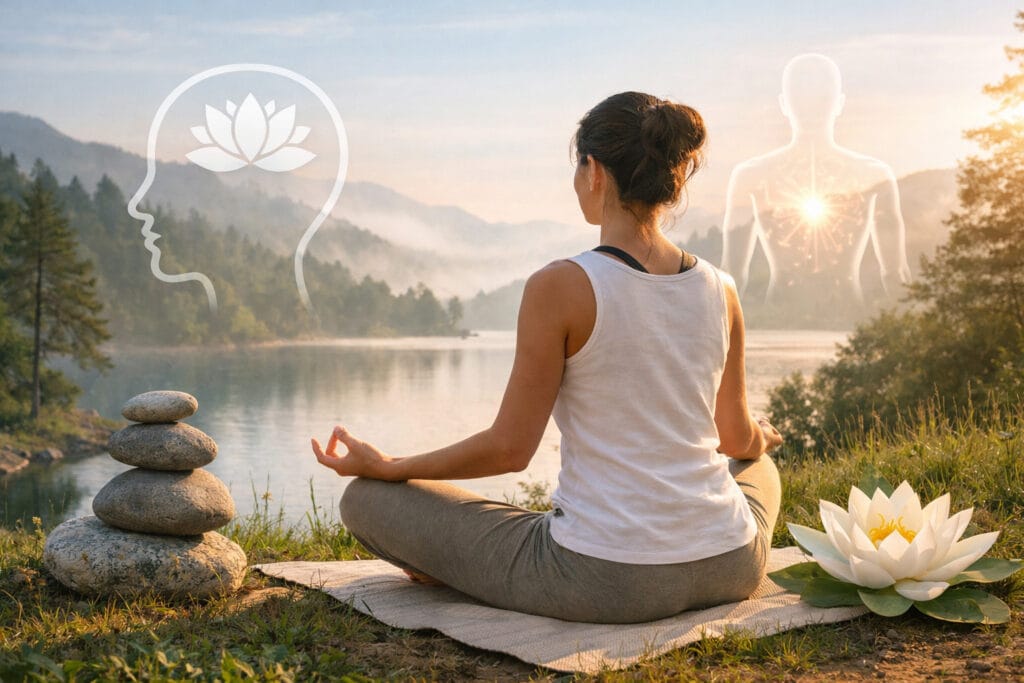 woman practicing holistic stress management meditation in nature