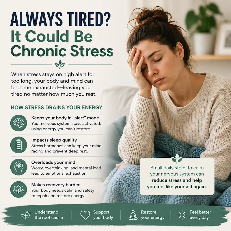 Woman feeling always tired due to chronic stress and fatigue with explanation of how stress drains energy