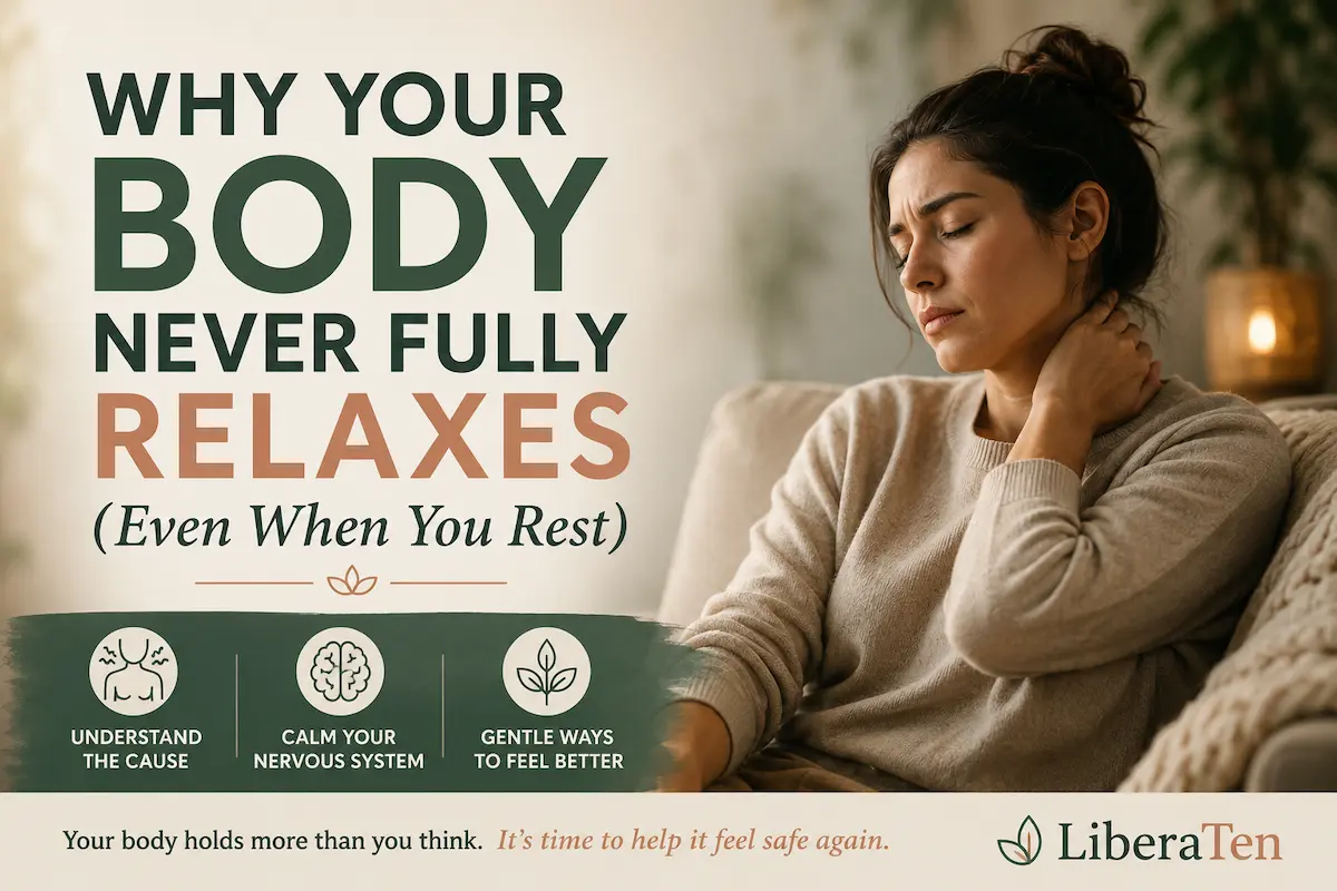 Woman experiencing chronic body tension and nervous system stress while trying to relax at home