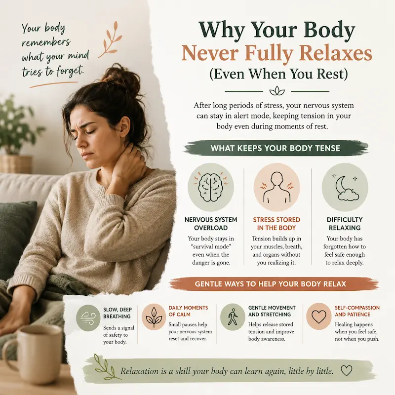 Infographic about chronic body tension, nervous system overload, and why the body never fully relaxes after stress