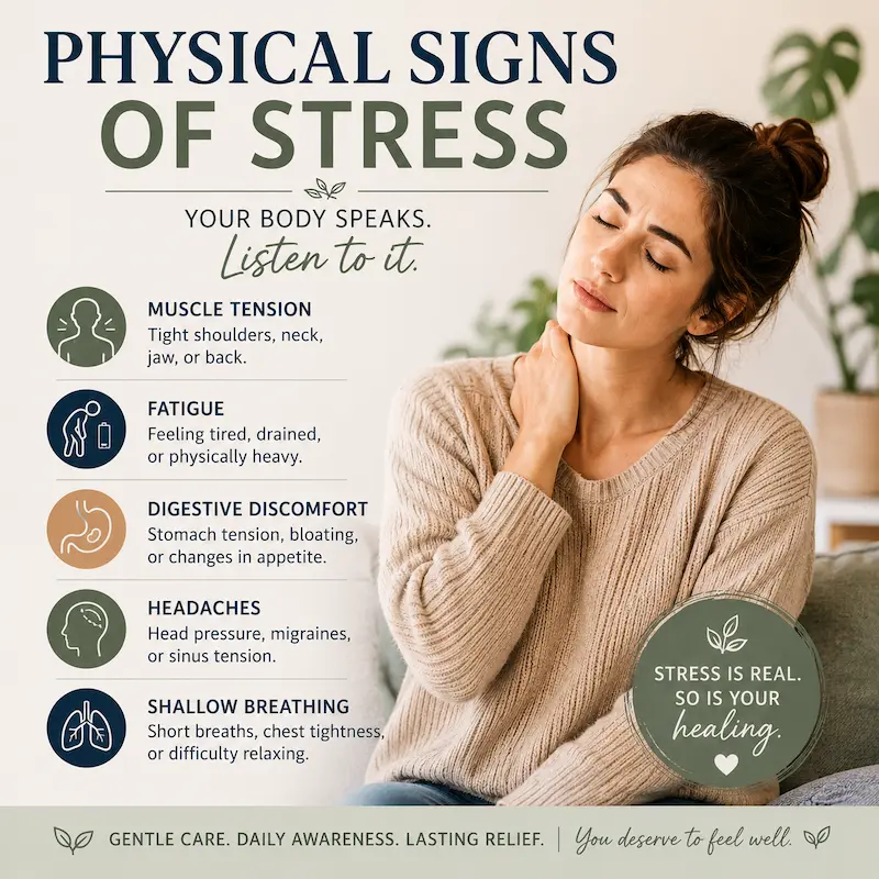 Woman holding neck tension beside infographic about physical signs of stress in the body