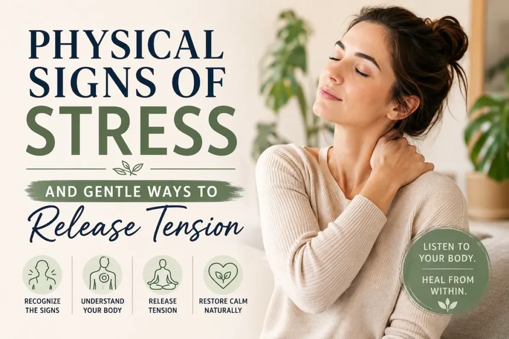 Woman relaxing neck tension with text about physical signs of stress and gentle ways to release tension naturally