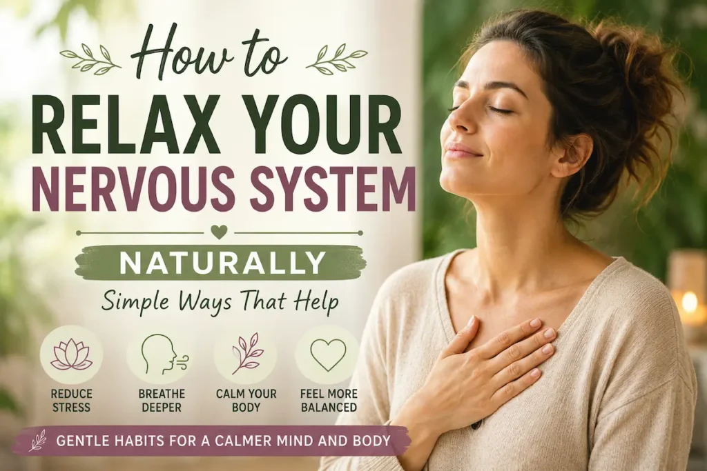Woman practicing calm breathing to relax the nervous system naturally and reduce stress