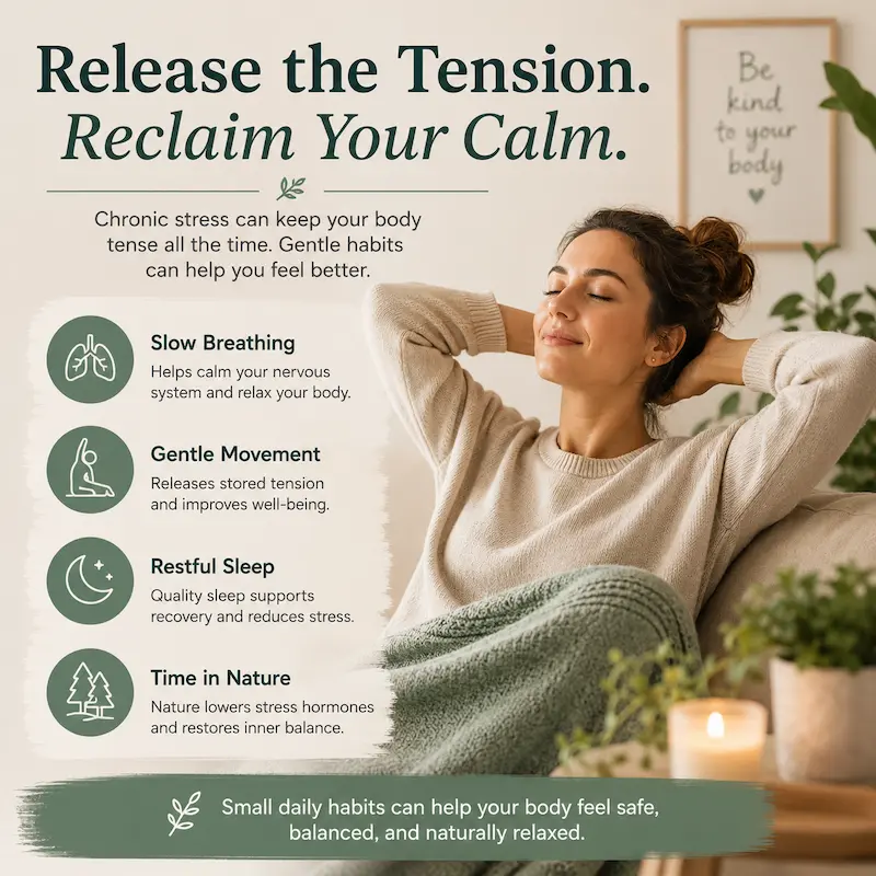 Woman practicing gentle relaxation techniques after feeling tense all the time due to chronic stress and body tension.