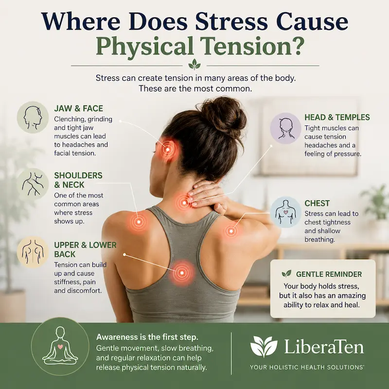 Illustration showing the most common areas where physical tension builds up in the body due to stress, including the neck, shoulders, jaw, chest, and back.