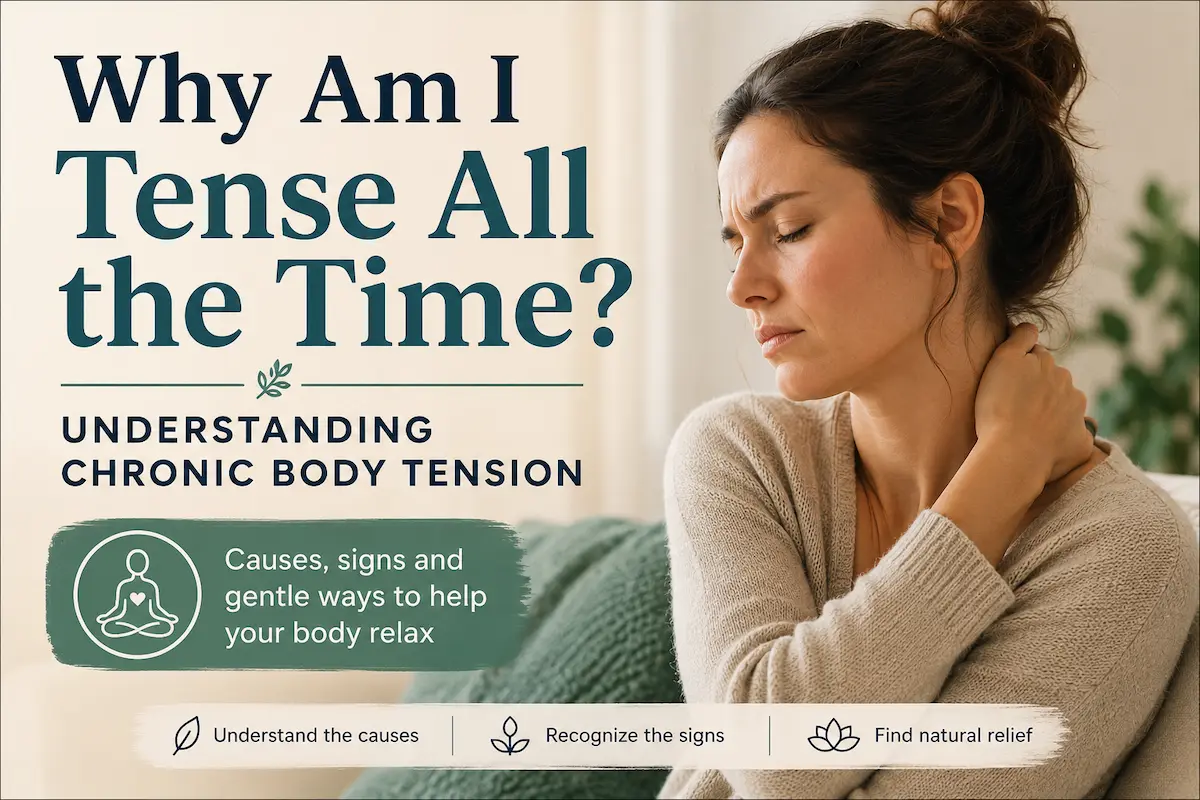 Woman experiencing chronic body tension and neck pain illustrating the effects of stress and nervous system dysregulation.