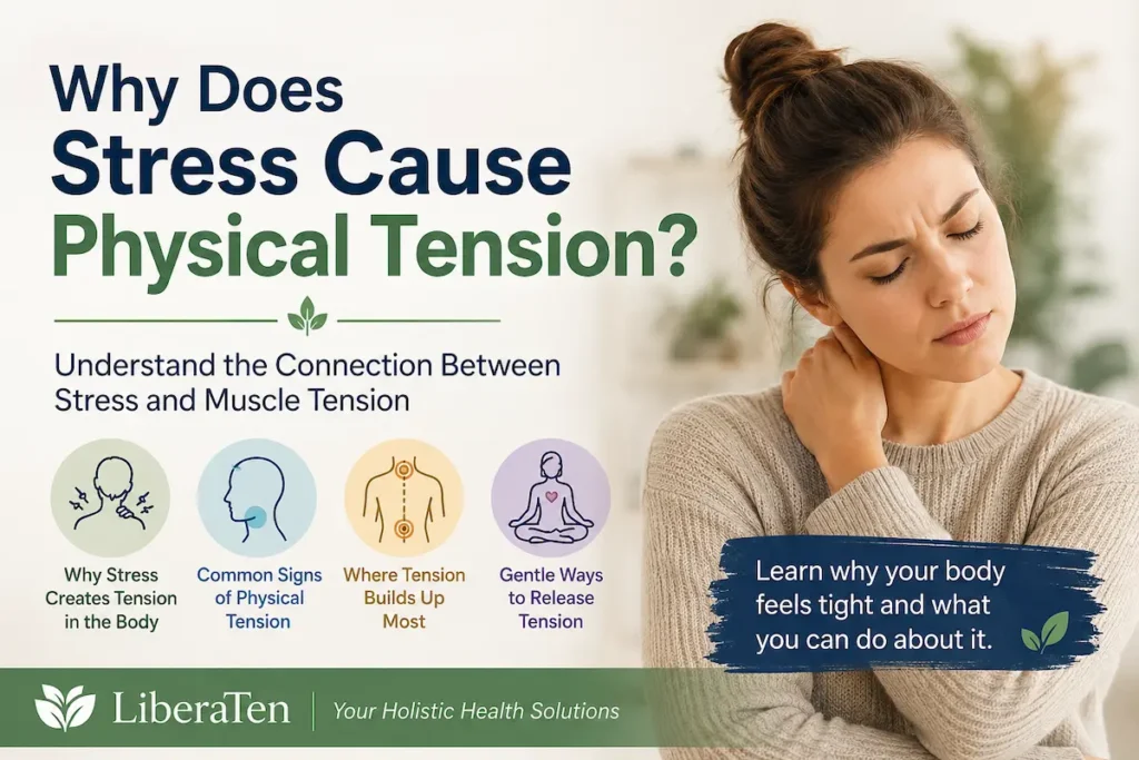 Woman experiencing physical tension in her neck caused by stress and muscle tightness.