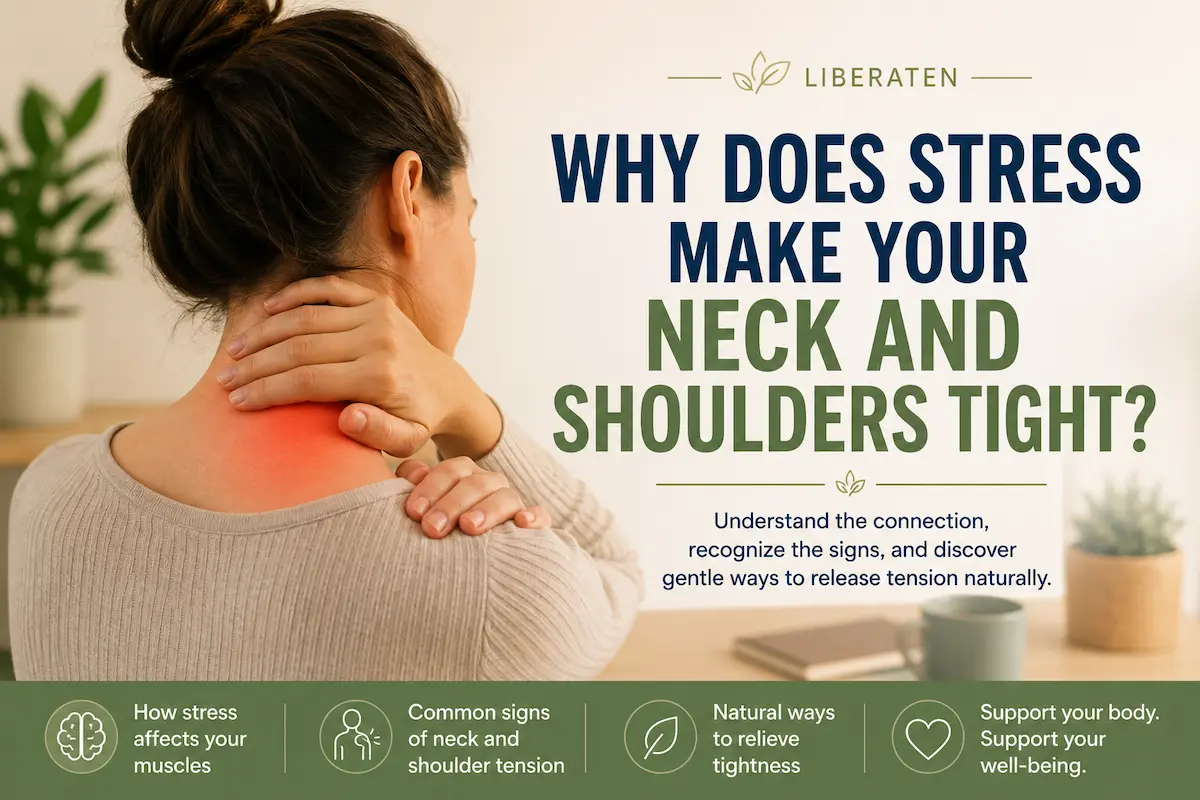 Person holding and massaging the neck area with a red tension highlight; headline asks, 'Why does stress make your neck and shoulders tight?'.