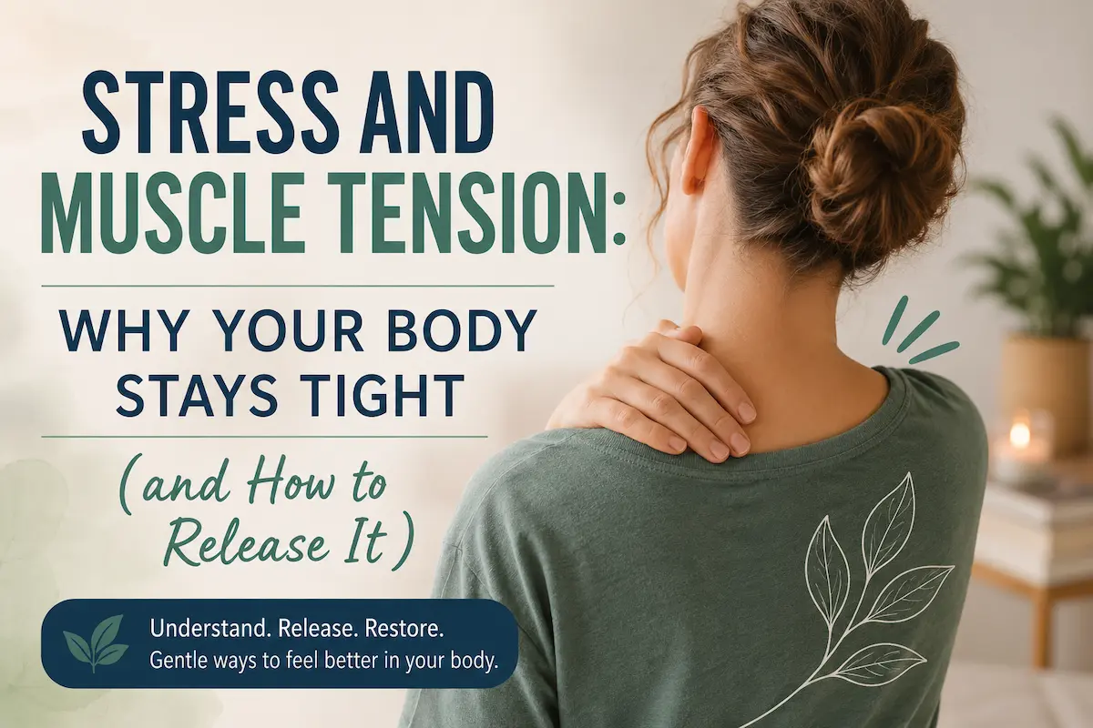Woman holding her shoulder while experiencing stress and muscle tension, illustrating how chronic stress can keep the body tight and how gentle techniques may help release physical tension naturally.