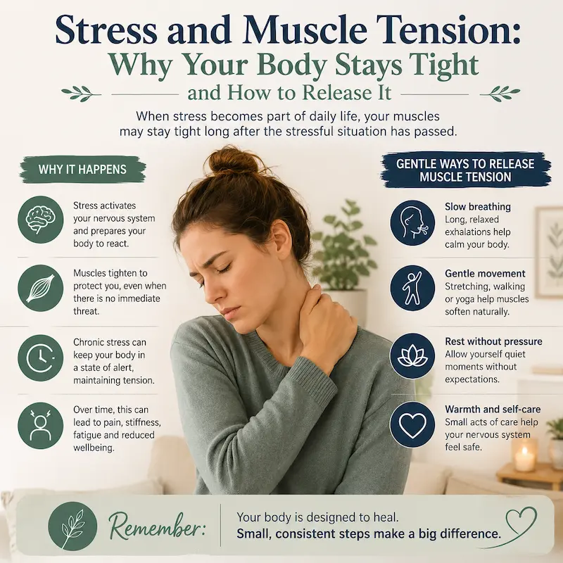 Infographic explaining how stress and muscle tension are connected, showing why muscles stay tight and highlighting gentle, natural ways to release physical tension and support nervous system recovery.