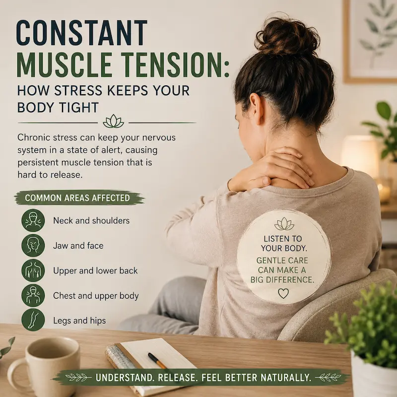 Person experiencing constant muscle tension caused by chronic stress and nervous system activation