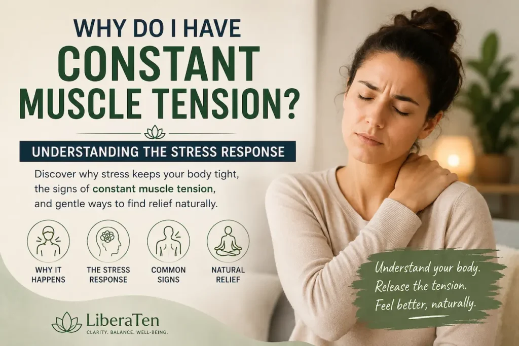 Woman experiencing constant muscle tension caused by chronic stress and nervous system activation