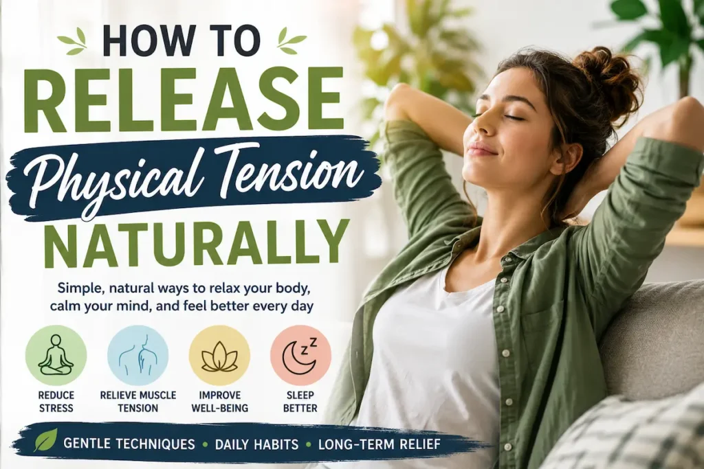 Woman relaxing on a couch beside a poster titled 'How to Release Physical Tension Naturally' with four circular tips and icons.