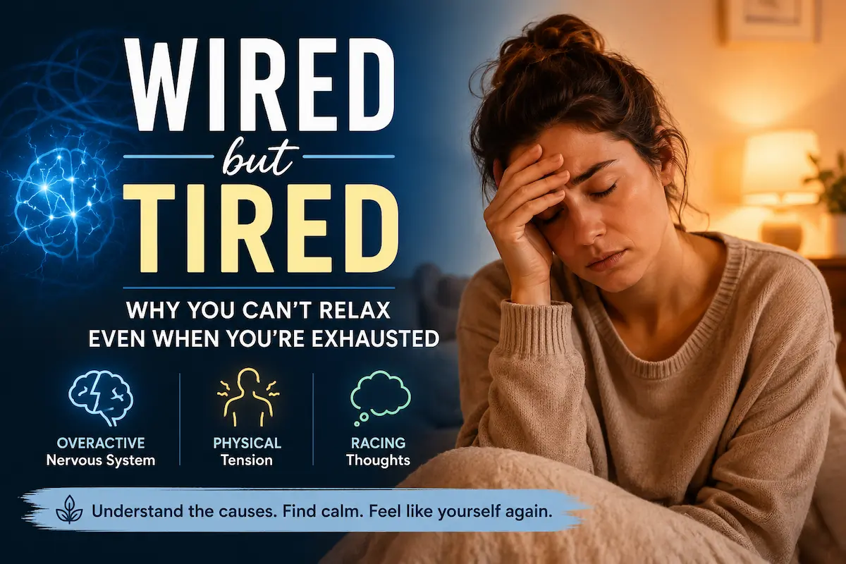 Wired but tired woman feeling exhausted and unable to fully relax