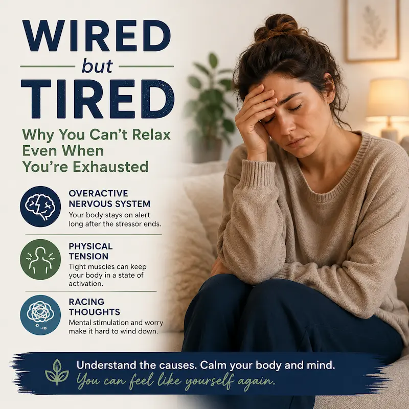 Wired but tired signs including nervous system activation, physical tension and racing thoughts